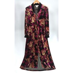 VTG Diamond Tea Velour V-Neck Zip Long Robe Size XL Black Multicolor Paisley 277